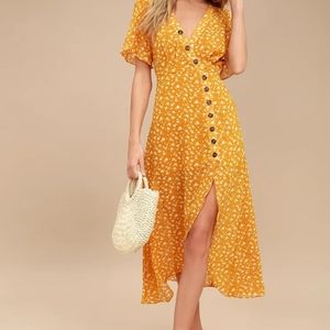 After-Bloom Delight Golden Yellow Floral Print Midi Dress